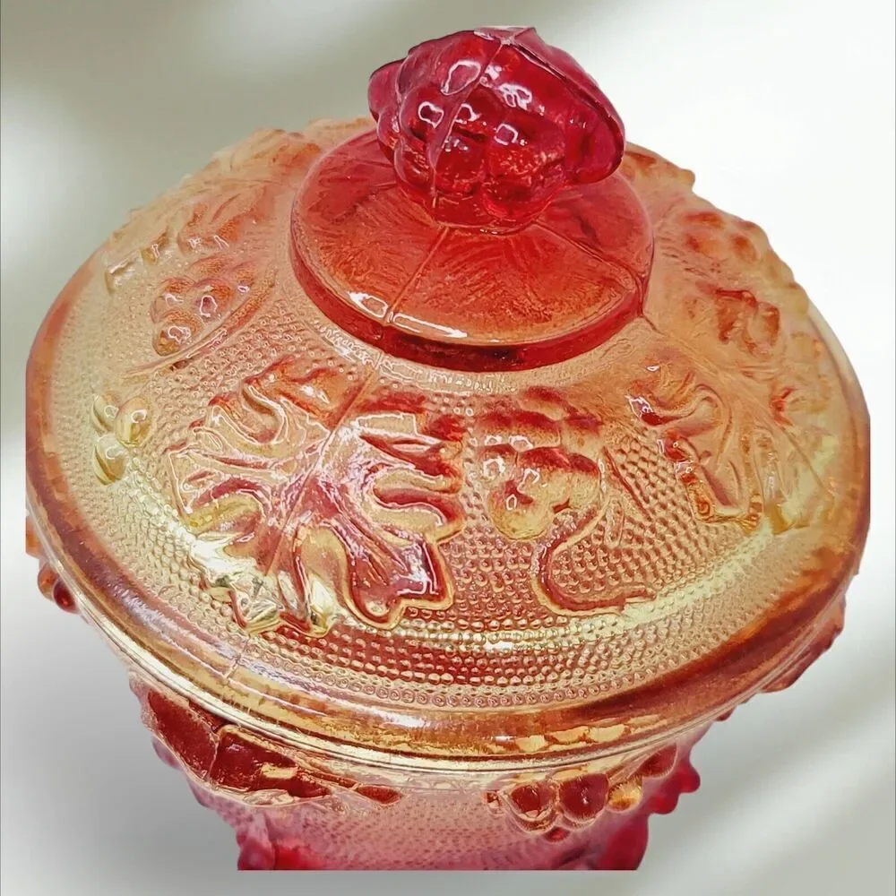 VTG Jeannette Harvest Grapes‎ Amber Red Carnival Glass Footed Covered Candy Dish